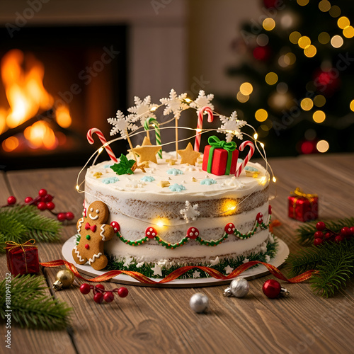 Delicious christmas cake with gingerbread man and fireplace in the background