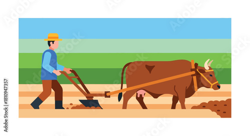 A farmer plowing a field with an ox in a rural landscape