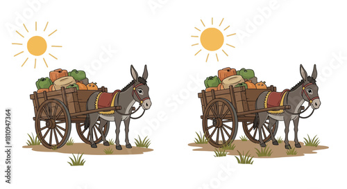 Two donkeys carrying carts filled with pumpkins under a sunny sky