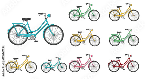 Colorful collection of vintage bicycles in various shades and styles arranged neatly