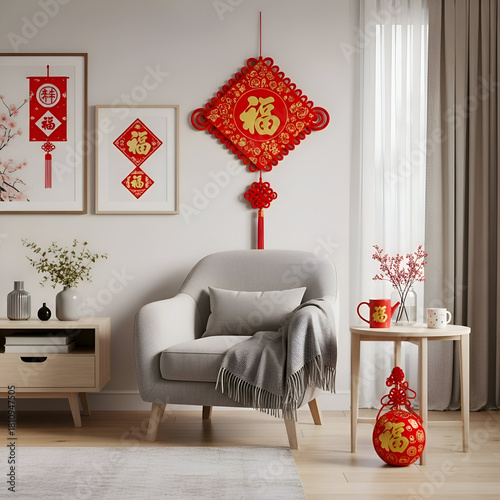 Living room decorated for lunar new year with festive decorations and furniture