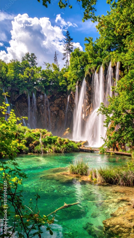 Fototapeta premium Serene Waterfall Oasis - A Lush Paradise of Plitvice Lakes.