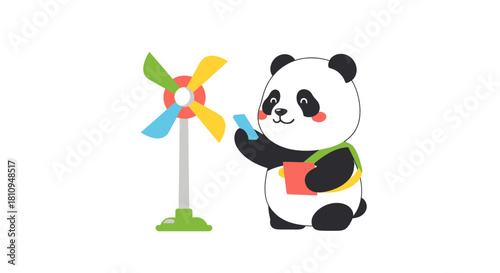Adorable panda exploring with a cartoon wind turbine and remote control, ideal for children’s illustrations, eco-friendly themes, and renewable energy education.