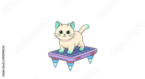 Adorable cartoon kitten riding a solar-powered hoverboard, perfect for children’s illustrations, eco-friendly themes, futuristic concepts, playful branding, and whimsical design projects.