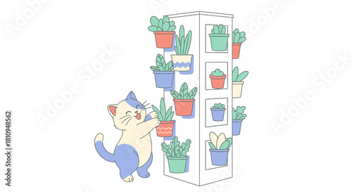 Adorable cartoon cat lovingly admiring plants on shelf, bringing joy and charm to any project with its playful botanical theme and cute pet appeal