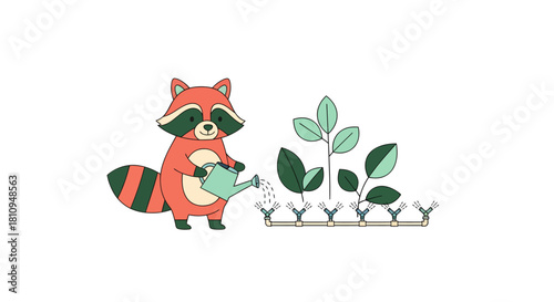 Adorable raccoon watering plants with care for a vibrant garden, promoting eco friendly living and sustainable practices in a charming illustration