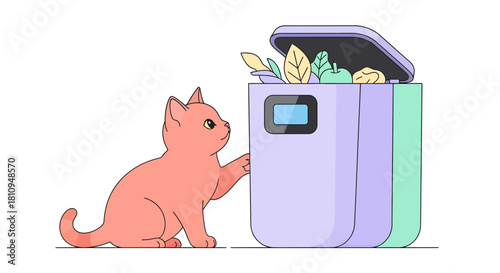 Funny curious cat investigating kitchen garbage bin with food waste, illustration for playful pet behavior blog or article, colorful art for children