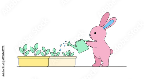 Adorable pink bunny carefully watering seedlings in vibrant pots, creating a charming springtime scene with a touch of whimsy and a promise of new beginnings