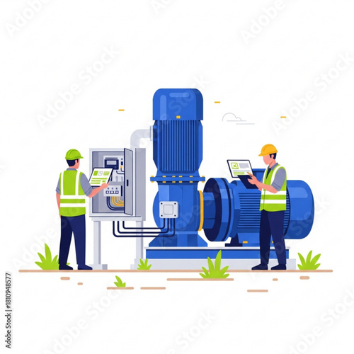 Industrial Pump Maintenance – Flat Clean Vector Illustration
