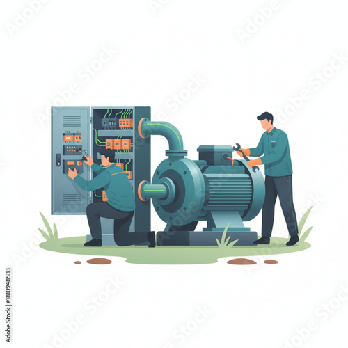 Maintenance Technicians with Industrial Pump – Gradient Semi-Flat Vector
