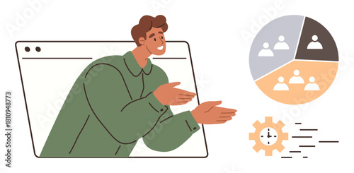 Man gestures out of browser window, accompanied by pie chart and cogwheel. Ideal for digital presentation, teamwork, data sharing, scheduling, audience engagement, innovation, simple flat metaphor
