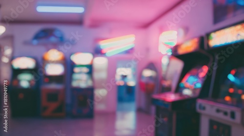 Vintage arcade with glowing neon lights and blurred pinball machines in haze. lifestyle magazines, social media lookbooks, designed for influencer and brand collaborations.