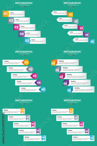 Set of six colorful infographic templates with icons charts and text placeholders for business and marketing presentations.