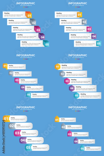 Set of six colorful infographic templates with icons charts and text placeholders for business and marketing presentations.