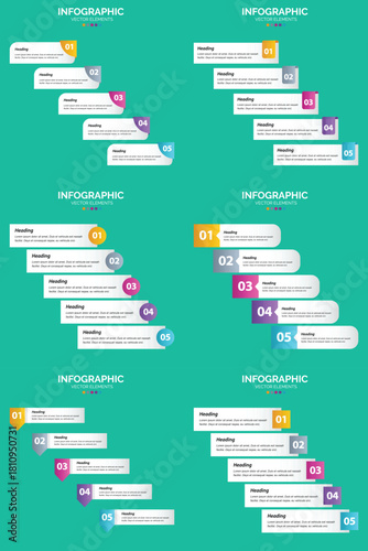 Set of six colorful infographic templates with icons charts and text placeholders for business and marketing presentations.