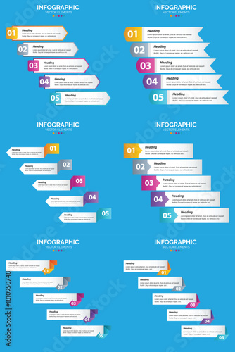 Set of six colorful infographic templates with icons charts and text placeholders for business and marketing presentations.