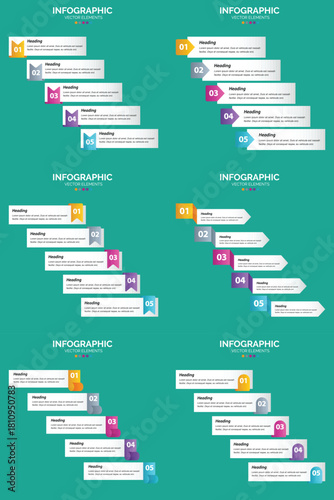 Set of six colorful infographic templates with icons charts and text placeholders for business and marketing presentations.