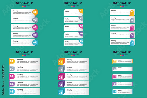 Set of six colorful infographic templates with icons charts and text placeholders for business and marketing presentations.