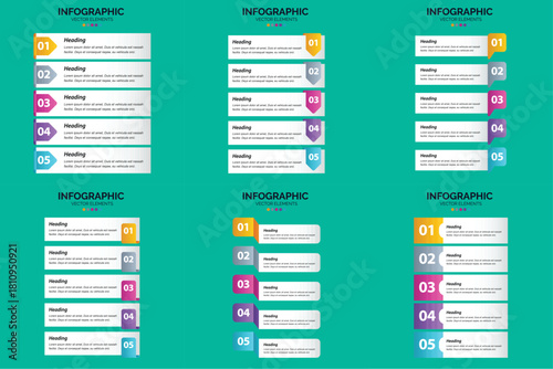 Set of six colorful infographic templates with icons charts and text placeholders for business and marketing presentations.