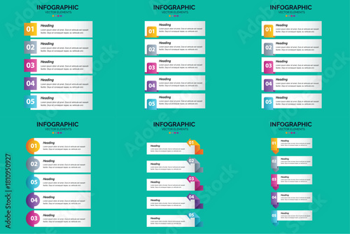 Set of six colorful infographic templates with icons charts and text placeholders for business and marketing presentations.