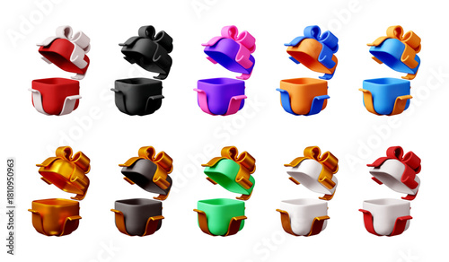 Collection of 3d gift box design on white background. Surprise package concept for promotion and celebration event decoration. Vector illustration