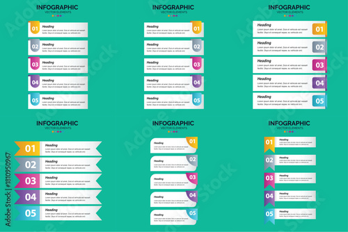 Set of six colorful infographic templates with icons charts and text placeholders for business and marketing presentations.