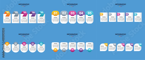 Set of six colorful infographic templates with icons charts and text placeholders for business and marketing presentations.