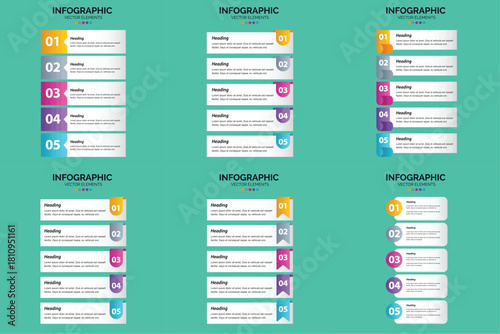 Set of six colorful infographic templates with icons charts and text placeholders for business and marketing presentations.
