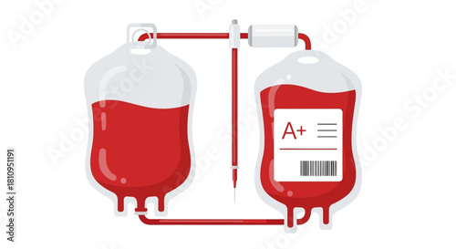 Two linked blood bags one labeled A with a barcode connected by tubes and a needle