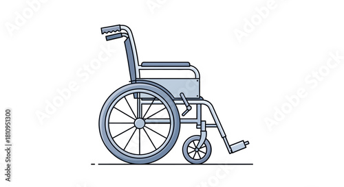 A blue wheelchair is shown in profile view with a white background