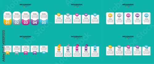 Set of six colorful infographic templates with icons charts and text placeholders for business and marketing presentations.