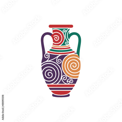 Colorful ancient Greek amphora with intricate spiral patterns on a white background.