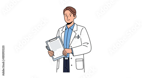 A cartoon doctor in a white coat holds a clipboard and pen with light brown hair
