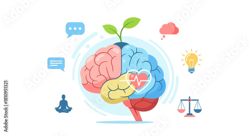 A brain illustration with various symbols around it suggesting mental balance and growth