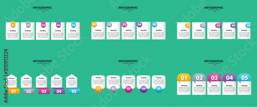 Set of six colorful infographic templates with icons charts and text placeholders for business and marketing presentations.
