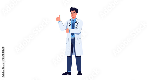 A cartoon doctor stands giving a thumbs up He wears a white coat tie and stethoscope