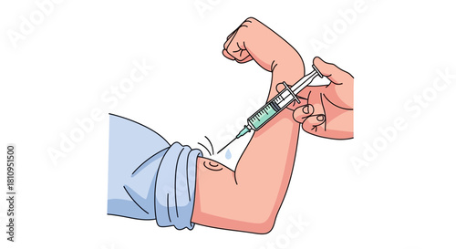 A drawing depicts a person getting a vaccine shot in the arm
