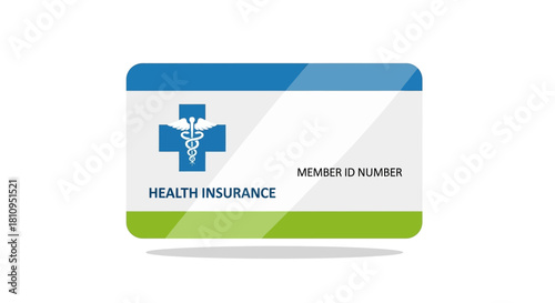 A health insurance card is shown featuring a blue cross symbol and the words HEALTH INSURANCE and MEMBER ID NUMBER