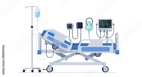 A hospital bed with medical equipment including an IV stand monitor and oxygen mask