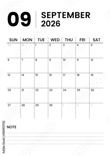 Minimalist Monthly Calendar Template for September 2026 in Portrait Format. Printable Monthly Calendar Planner Template for 2026 with week starts on Sunday
