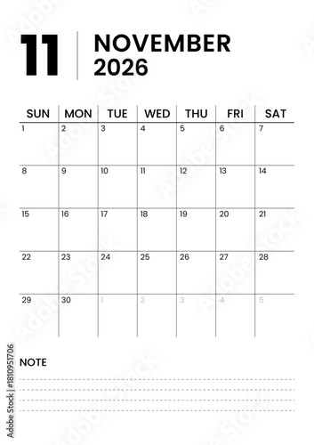 Minimalist Monthly Calendar Template for November 2026 in Portrait Format. Printable Monthly Calendar Planner Template for 2026 with week starts on Sunday