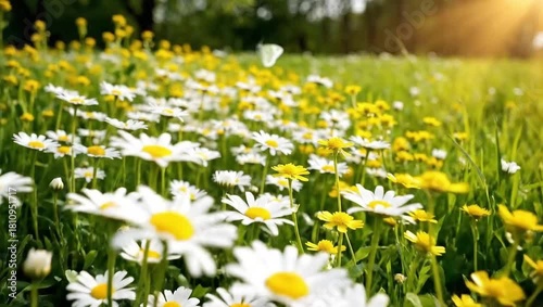 Field of daisies and yellow flowers on a sunny day
