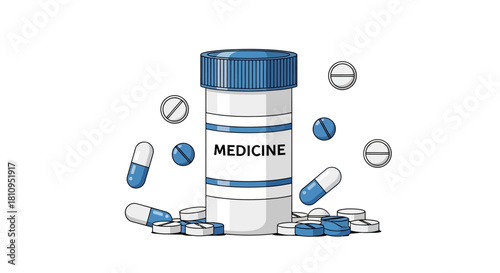 A white medicine bottle with MEDICINE on it surrounded by white and blue pills