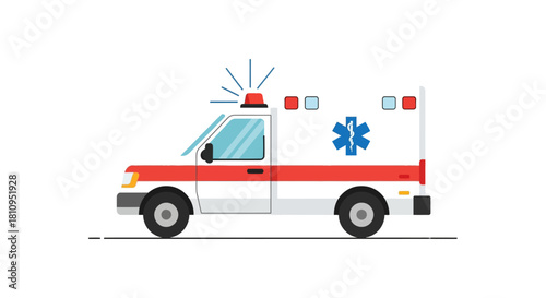 An ambulance with a white body a red stripe and a blue Star of Life symbol