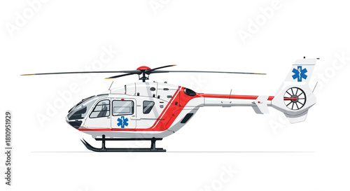 A white red and blue medical helicopter with a prominent Star of Life symbol