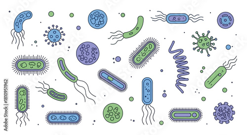 An arrangement of various bacteria and viruses rendered in blue and green with linear black outlines