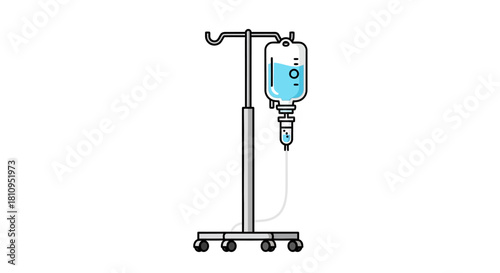 An IV drip bag hangs from a metal stand with wheels