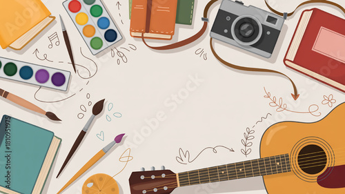 Creative hobby tools and supplies illustration including books paints a camera and a guitar perfect for art and music-themed designs