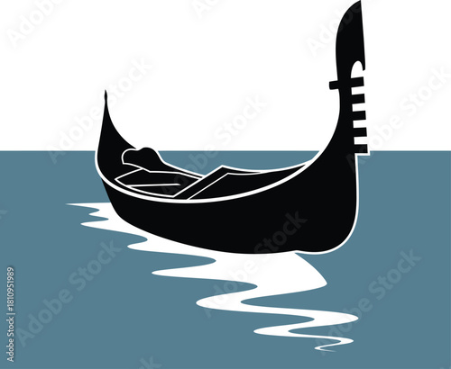 Silhouette of a gondola on water, with a person inside, reflecting on the surface.