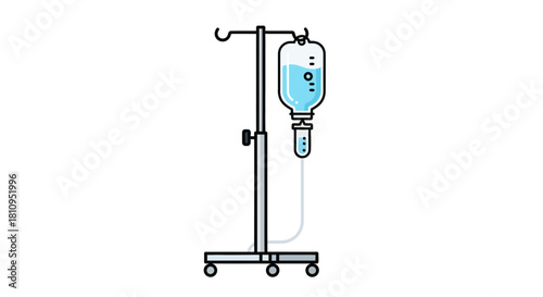 An IV drip stands with a bag of blue liquid suspended connected to a tube